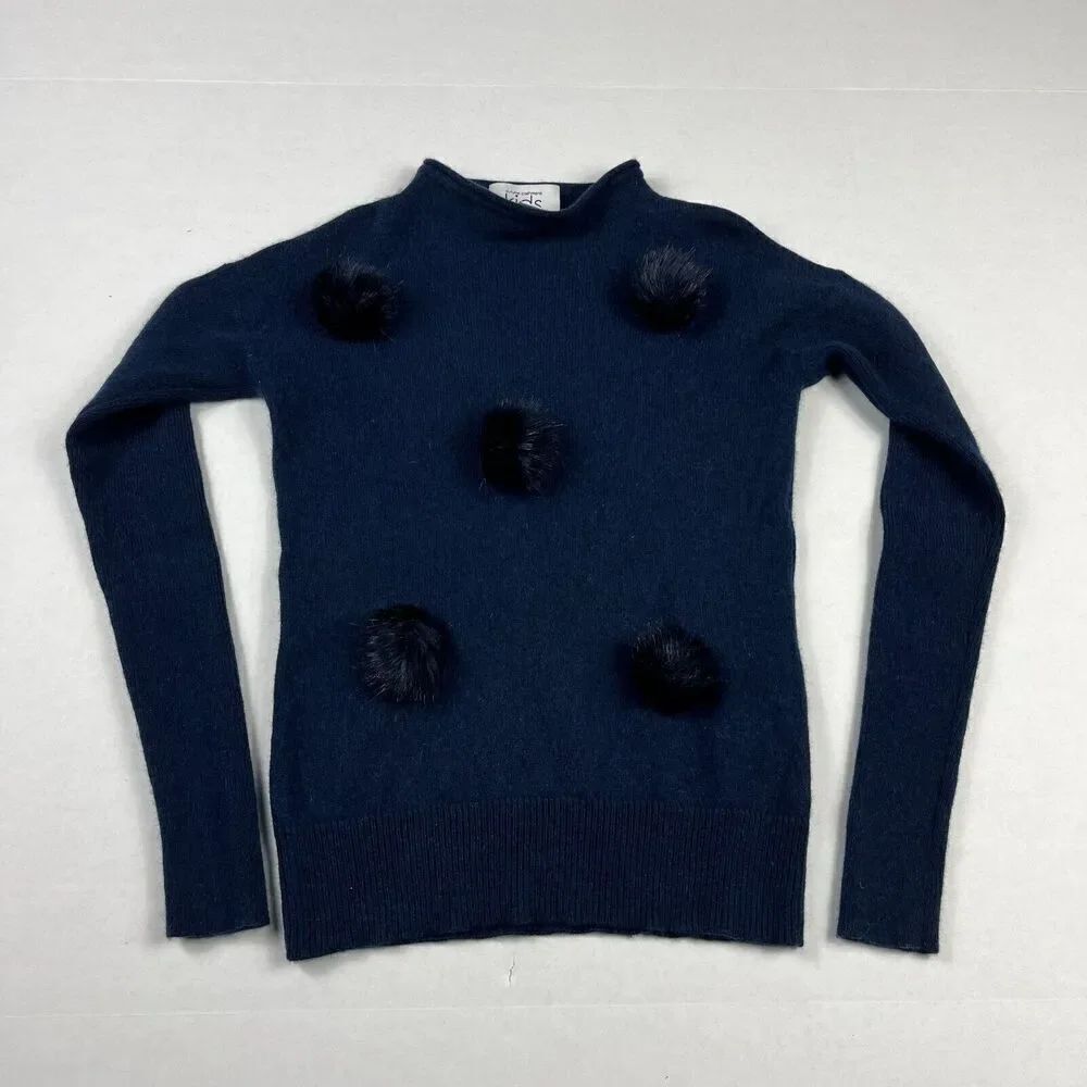 Autumn Cashmere Girls Pom Pom Sweater Blue Mock Neck Soft Knit Pullover Size 10